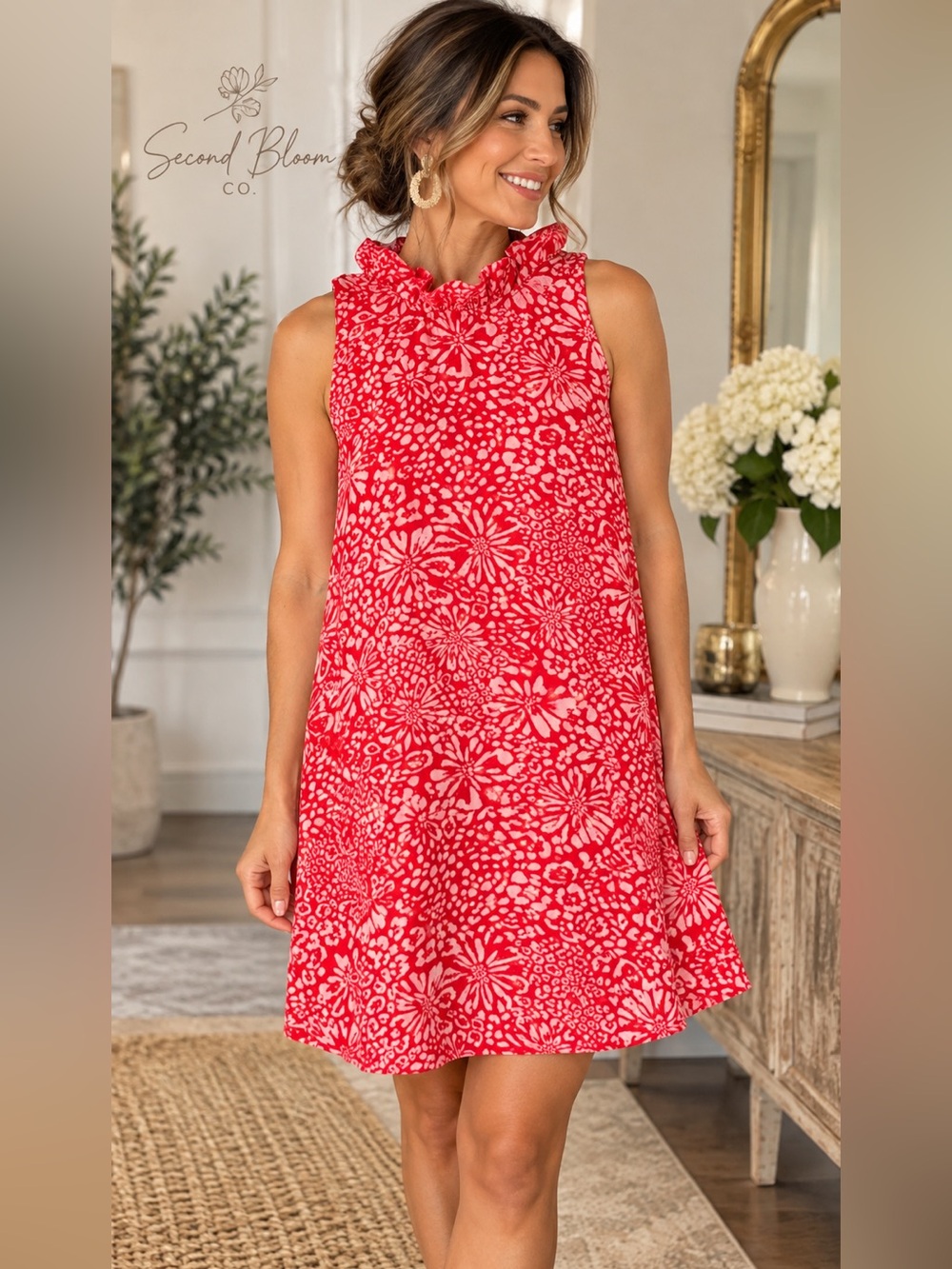 Gibson Red & Pink Floral Ruffle Neck Tie Dress Size M